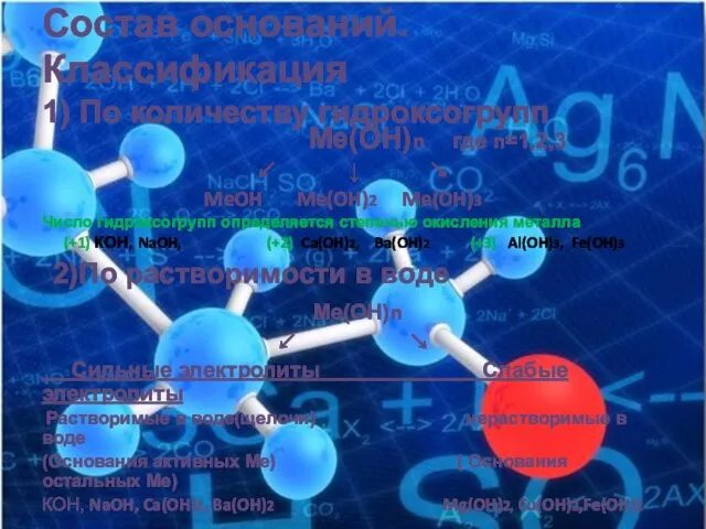 Состав оснований. Классификация 1) По количеству гидроксогрупп Ме(ОН)n где n=1,2,3 ↙ ↓