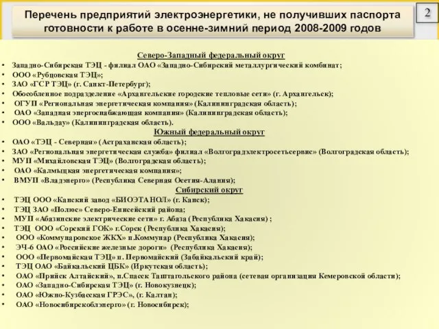 Перечень предприятий электроэнергетики, не получивших паспорта готовности к работе в осенне-зимний период