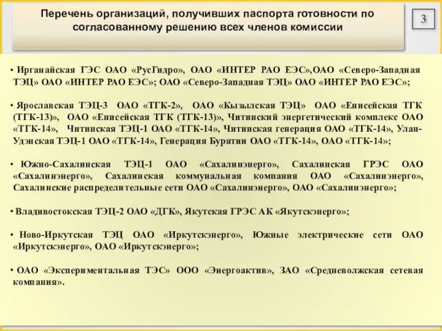 Перечень организаций, получивших паспорта готовности по согласованному решению всех членов комиссии Ирганайская