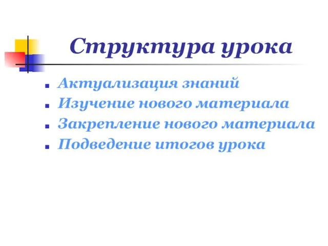 Структура урока Актуализация знаний Изучение нового материала Закрепление нового материала Подведение итогов урока