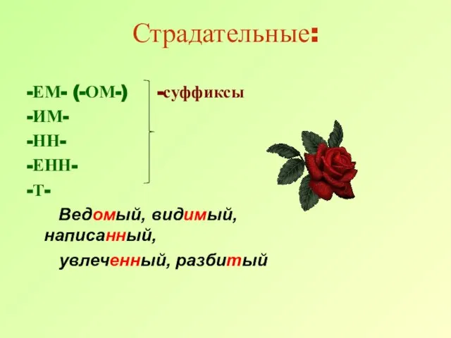 Страдательные: -ЕМ- (-ОМ-) -суффиксы -ИМ- -НН- -ЕНН- -Т- Ведомый, видимый, написанный, увлеченный, разбитый