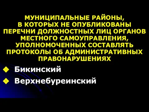 МУНИЦИПАЛЬНЫЕ РАЙОНЫ, В КОТОРЫХ НЕ ОПУБЛИКОВАНЫ ПЕРЕЧНИ ДОЛЖНОСТНЫХ ЛИЦ ОРГАНОВ МЕСТНОГО САМОУПРАВЛЕНИЯ,