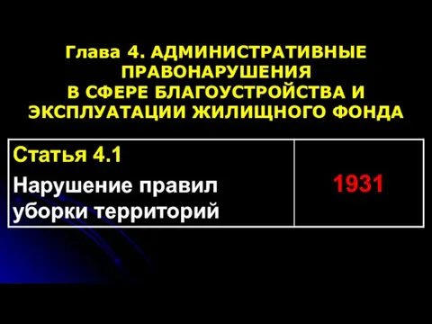 Глава 4. АДМИНИСТРАТИВНЫЕ ПРАВОНАРУШЕНИЯ В СФЕРЕ БЛАГОУСТРОЙСТВА И ЭКСПЛУАТАЦИИ ЖИЛИЩНОГО ФОНДА