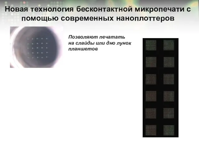 Новая технология бесконтактной микропечати с помощью современных наноплоттеров Позволяют печатать на слайды или дно лунок планшетов