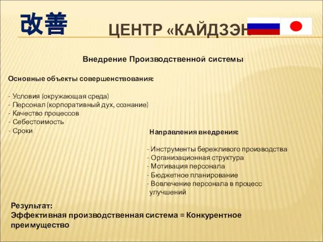 ЦЕНТР «КАЙДЗЭН» Внедрение Производственной системы 改善 Основные объекты совершенствования: - Условия (окружающая