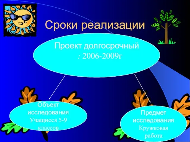 Сроки реализации Проект долгосрочный : 2006-2009г Объект исследования Учащиеся 5-9 классов Предмет исследования Кружковая работа