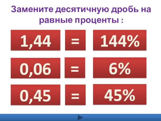 Замените десятичную дробь на равные проценты : 1,44 0,06 0,45 144% 6% 45% = = =