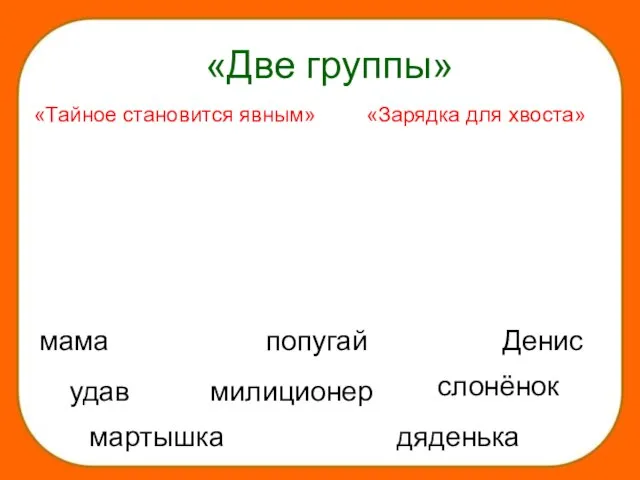 мама слонёнок попугай Денис милиционер дяденька мартышка удав «Две группы» «Тайное становится явным» «Зарядка для хвоста»