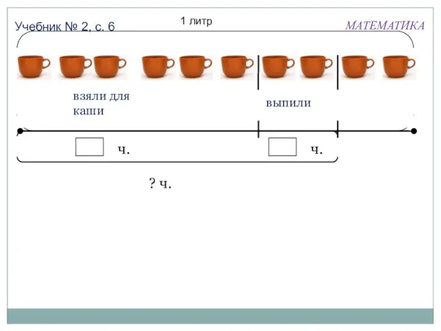 МАТЕМАТИКА Учебник № 2, с. 6 1 литр взяли для каши выпили ч. ч. ? ч.