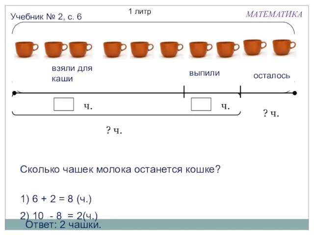 МАТЕМАТИКА Учебник № 2, с. 6 1 литр взяли для каши выпили