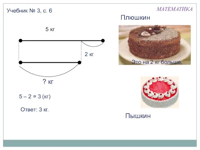 МАТЕМАТИКА Учебник № 3, с. 6 5 кг Это на 2 кг