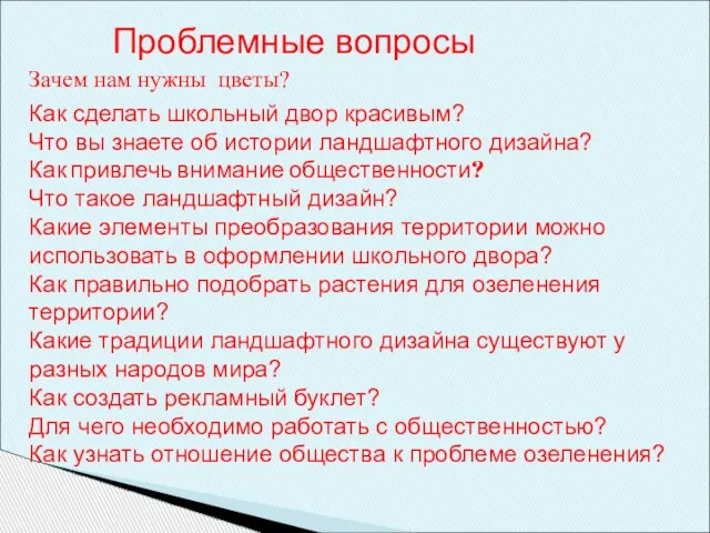 Проблемные вопросы Зачем нам нужны цветы? Как сделать школьный двор красивым? Что