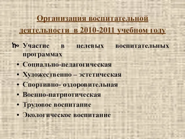 Организация воспитательной деятельности в 2010-2011 учебном году Участие в целевых воспитательных программах