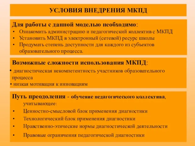 УСЛОВИЯ ВНЕДРЕНИЯ МКПД Путь преодоления - обучение педагогического коллектива, учитывающее: Ценностно-смысловой блок