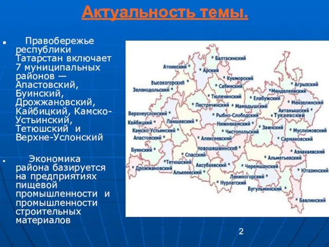 Актуальность темы. Правобережье республики Татарстан включает 7 муниципальных районов — Апастовский, Буинский,