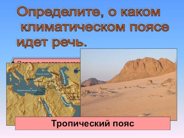 Определите, о каком климатическом поясе идет речь. Пояс не протягивается через весь