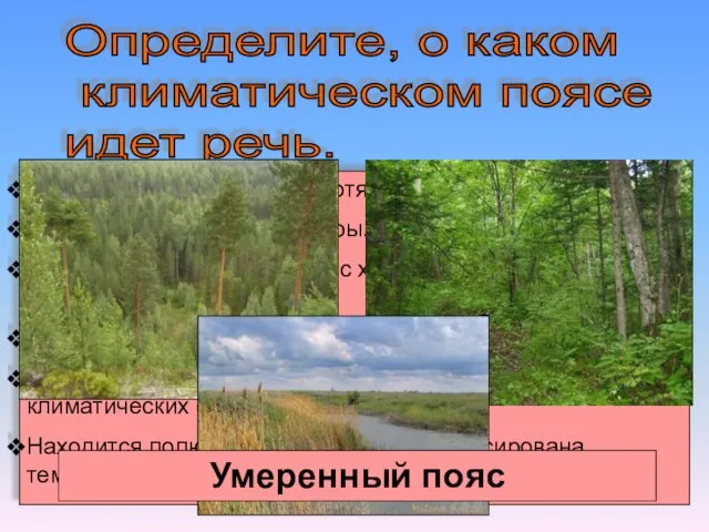 Определите, о каком климатическом поясе идет речь. Пояс имеет наибольшую протяженность с