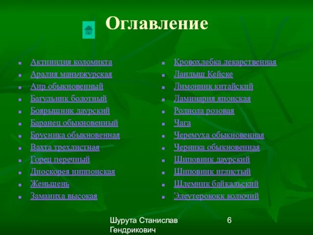 Шурута Станислав Гендрикович Оглавление Актинидия коломикта Аралия маньчжурская Аир обыкновенный Багульник болотный