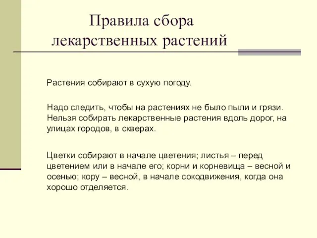 Правила сбора лекарственных растений Растения собирают в сухую погоду. Надо следить, чтобы