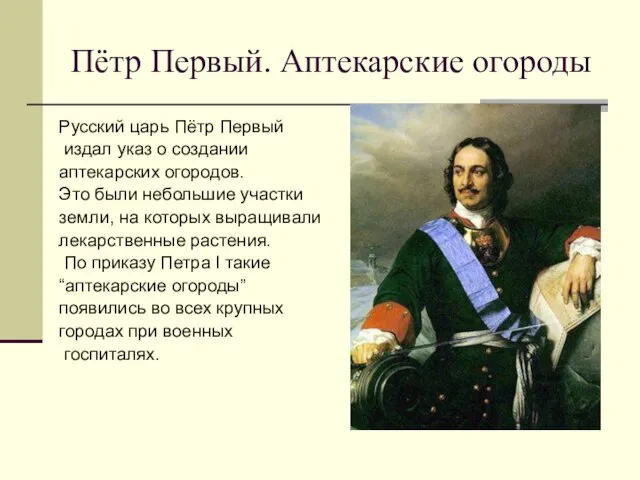 Пётр Первый. Аптекарские огороды Русский царь Пётр Первый издал указ о создании