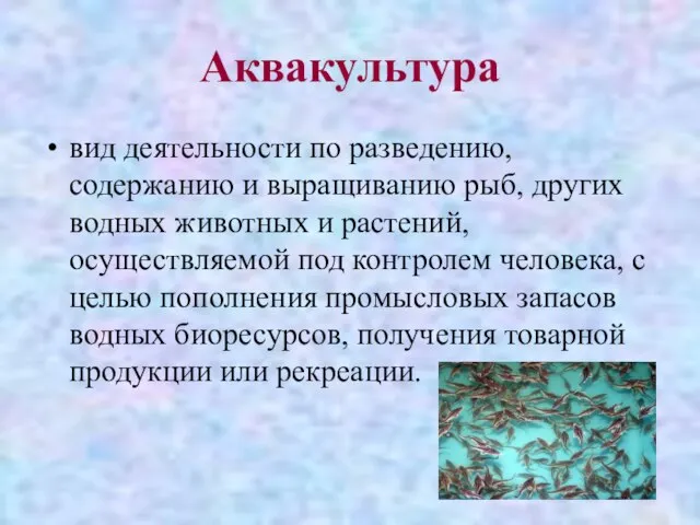 Аквакультура вид деятельности по разведению, содержанию и выращиванию рыб, других водных животных