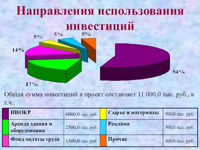 Направления использования инвестиций Общая сумма инвестиций в проект составляет 11 000,0 тыс. руб., в т.ч.: