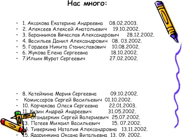 Нас много: 1. Аксакова Екатерина Андреевна 08.02.2003. 2. Алексеев Алексей Анатольевич 19.10.2002.