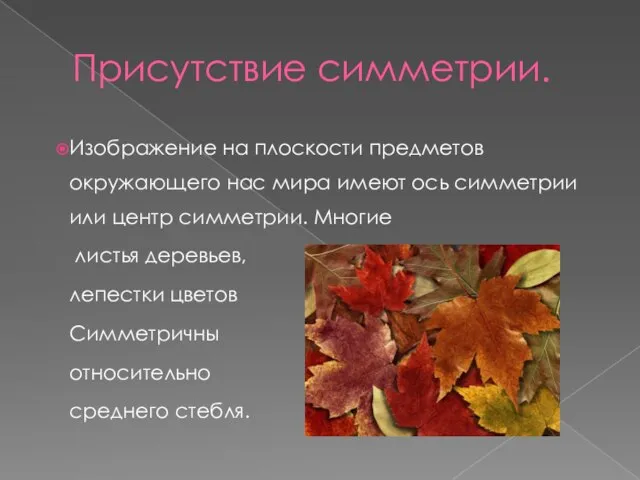 Присутствие симметрии. Изображение на плоскости предметов окружающего нас мира имеют ось симметрии