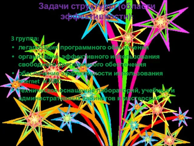 Задачи структуры (области эффективности): 3 группа: легализация программного обеспечения организация эффективного использования