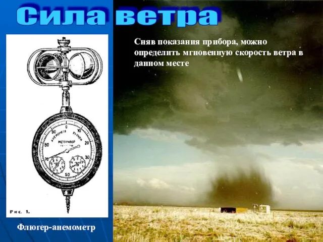 Флюгер-анемометр Сила ветра Сняв показания прибора, можно определить мгновенную скорость ветра в данном месте