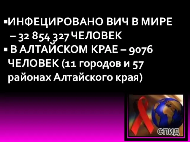 ИНФЕЦИРОВАНО ВИЧ В МИРЕ – 32 854 327 ЧЕЛОВЕК В АЛТАЙСКОМ КРАЕ