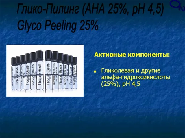 Активные компоненты: Гликолевая и другие альфа-гидроксикислоты (25%), рН 4,5 Глико-Пилинг (АНА 25%,