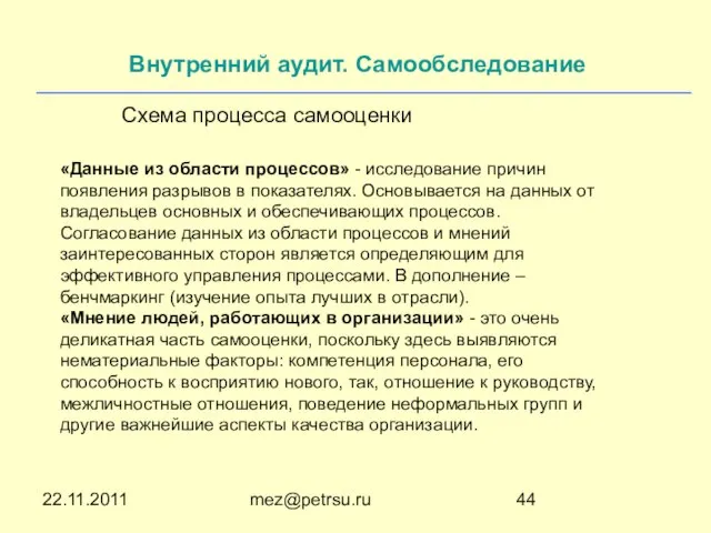22.11.2011 mez@petrsu.ru Внутренний аудит. Самообследование Схема процесса самооценки «Данные из области процессов»