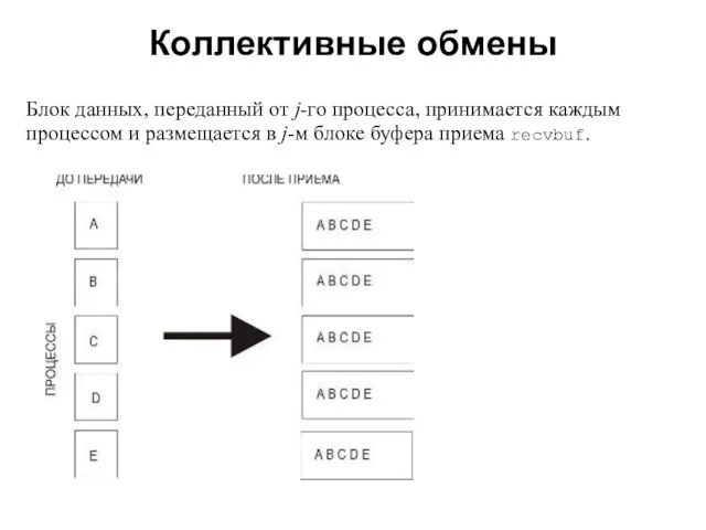 Коллективные обмены 2008 Блок данных, переданный от j-го процесса, принимается каждым процессом