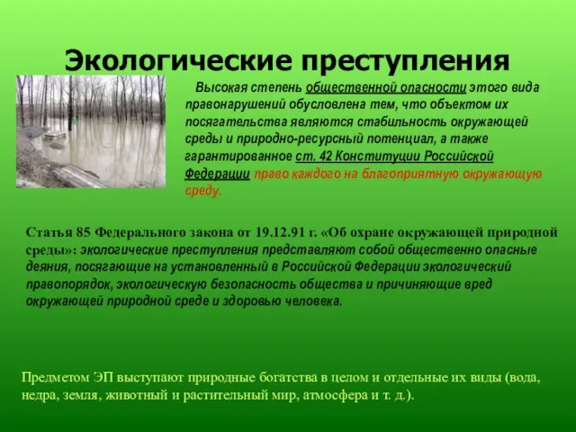 Экологические преступления Высокая степень общественной опасности этого вида правонарушений обусловлена тем, что