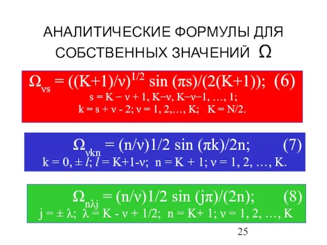 АНАЛИТИЧЕСКИЕ ФОРМУЛЫ ДЛЯ СОБСТВЕННЫХ ЗНАЧЕНИЙ Ω Ωνs = ((Κ+1)/ν)1/2 sin (πs)/(2(Κ+1)); (6)