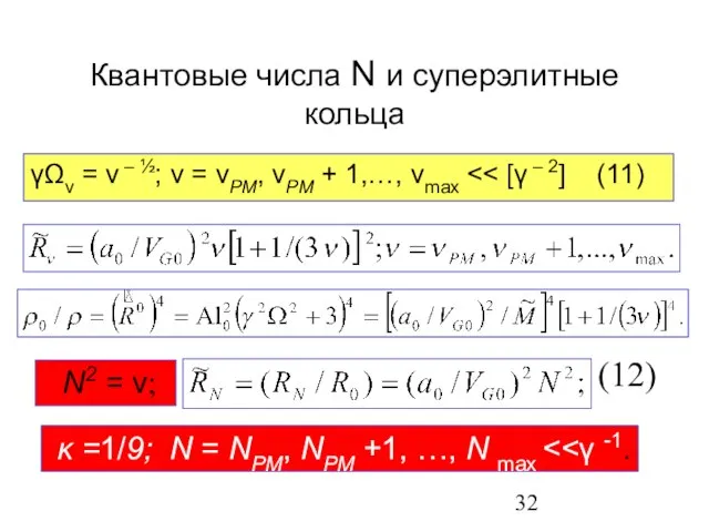 Квантовые числа N и суперэлитные кольца γΩν = ν – ½; ν