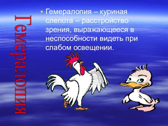 Гемералопия – куриная слепота – расстройство зрения, выражающееся в неспособности видеть при слабом освещении. Гемералопия