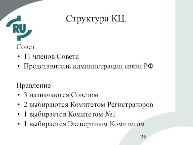 Структура КЦ. Совет 11 членов Совета Представитель администрации связи РФ Правление 3