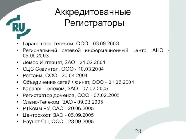 Аккредитованные Регистраторы Гарант-парк-Телеком, ООО - 03.09.2003 Региональный сетевой информационный центр, АНО -