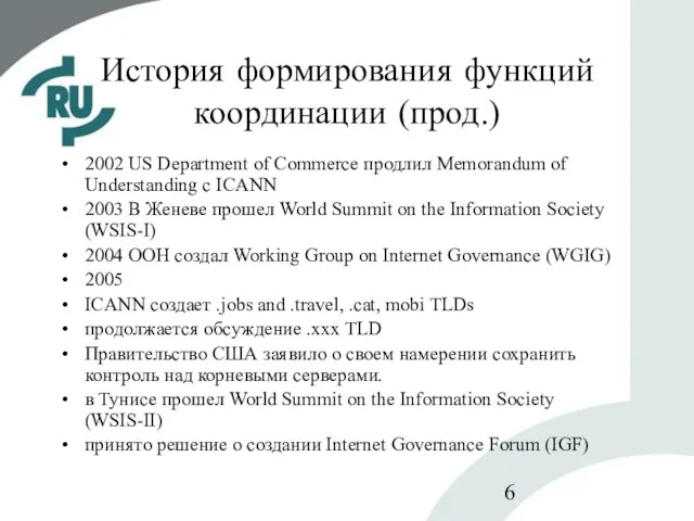 История формирования функций координации (прод.) 2002 US Department of Commerce продлил Memorandum