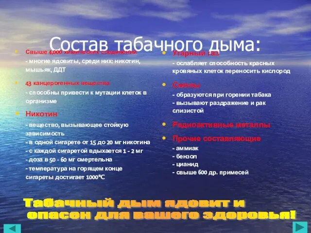 Состав табачного дыма: Свыше 4,000 химических соединений - многие ядовиты, среди них: