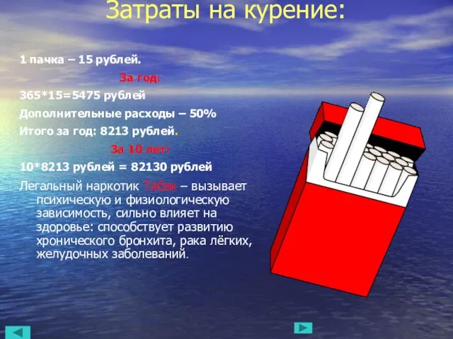 Затраты на курение: 1 пачка – 15 рублей. За год: 365*15=5475 рублей