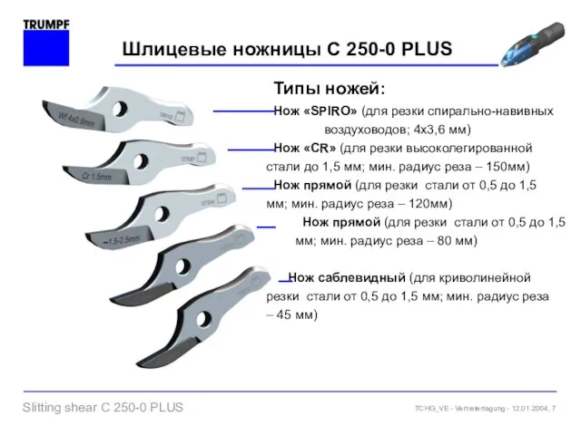 Шлицевые ножницы C 250-0 PLUS Типы ножей: Нож «SPIRO» (для резки спирально-навивных