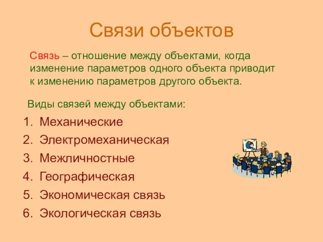 Связи объектов Виды связей между объектами: Механические Электромеханическая Межличностные Географическая Экономическая связь