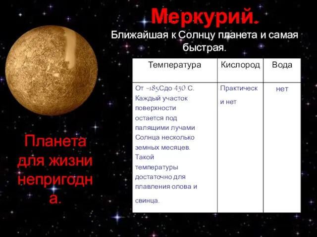 Меркурий. Ближайшая к Солнцу планета и самая быстрая. Планета для жизни непригодна.