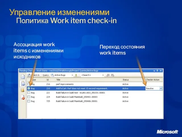 Управление изменениями Политика Work item check-in