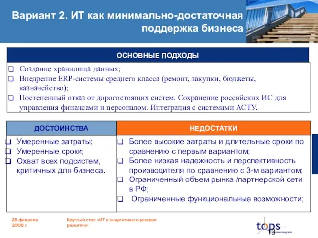 Вариант 2. ИТ как минимально-достаточная поддержка бизнеса НЕДОСТАТКИ Более высокие затраты и