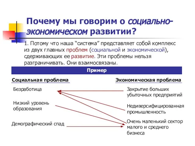 Почему мы говорим о социально-экономическом развитии? 1. Потому что наша “система” представляет