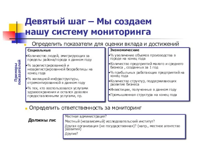 Девятый шаг – Мы создаем нашу систему мониторинга Определить показатели для оценки